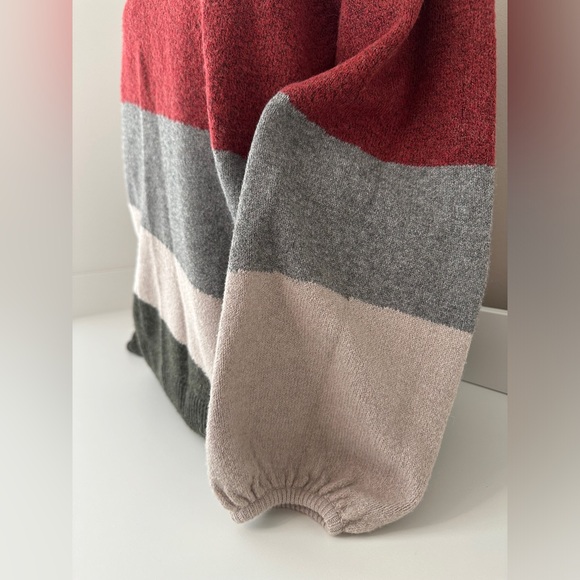 Striped Women’s Sweater with Bell Sleeves and Mock Turtleneck - Picture 3 of 7